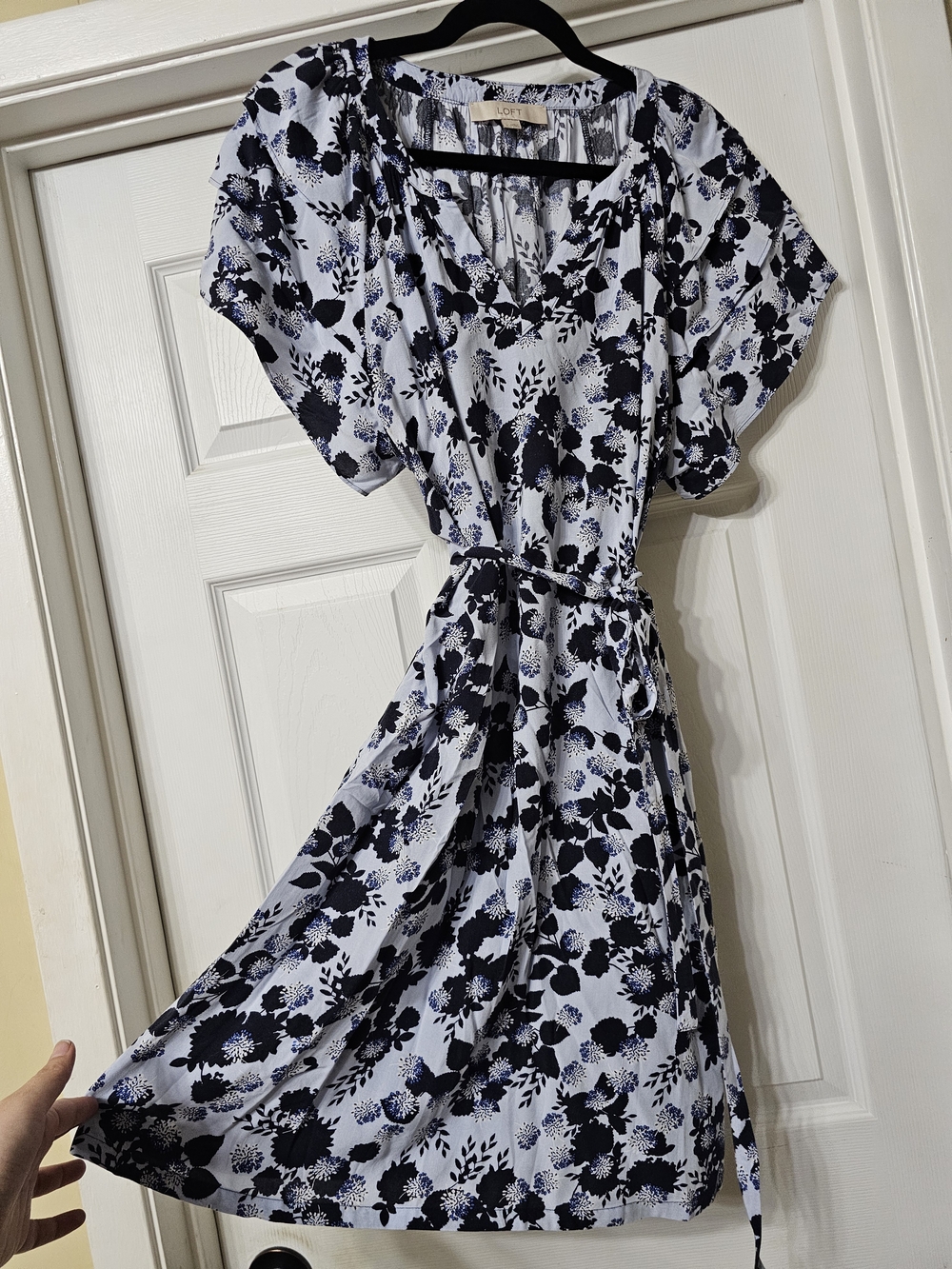 LOFT White Midi Dress with Navy Floral Print